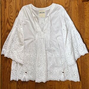 GALLABIA Urban Casual Kaftan | Flowy Embroidered Eyelet White Top | Size Small